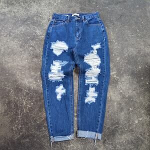 Pull Bear Mom Jeans Womens 4 Blue Pants Distressed Baggy Cuffed Dark Waist 26